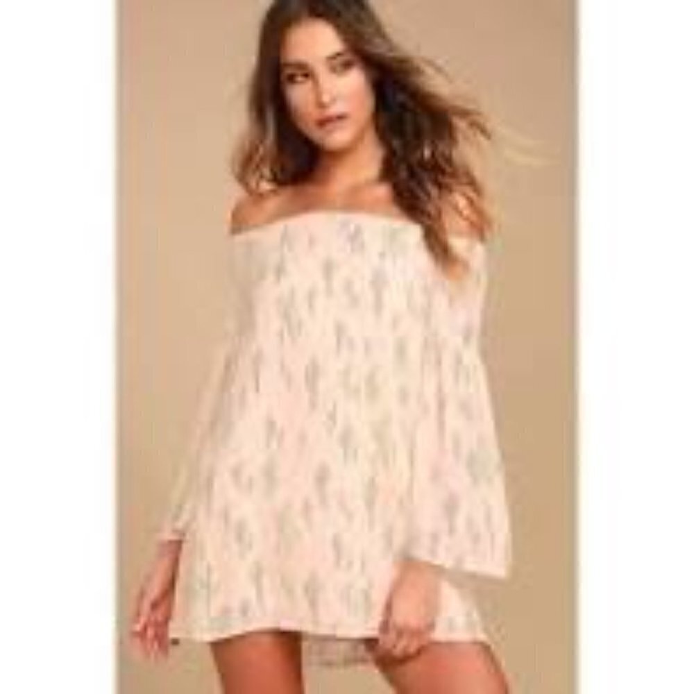Lulu's Saguaro Tomorrow Blush Pink Cactus Print Off-Shoulder Mini Dress Size L